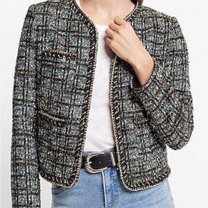 Express Women's Tweed Metallic Blazer with gold embroidered collar and pockets